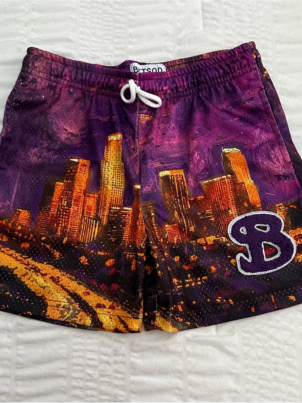 BKTSQD Los Angeles Skyline Mesh Basketball Shorts Purple & Orange - Youth Large